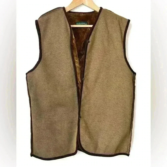 Vintage Oxford Blue Thermal Tan Brown Winter Fall Faux Acrylic Fur Lined Vest - Picture 1 of 12